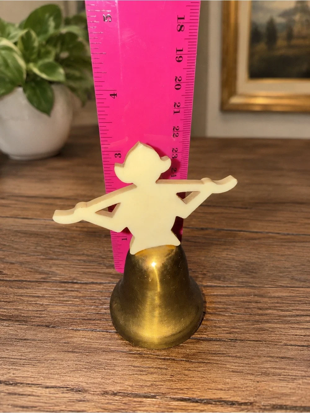 Vintage Brass Bell Cream Lucite Pixie Elf Figure Topper Mid Century Decor